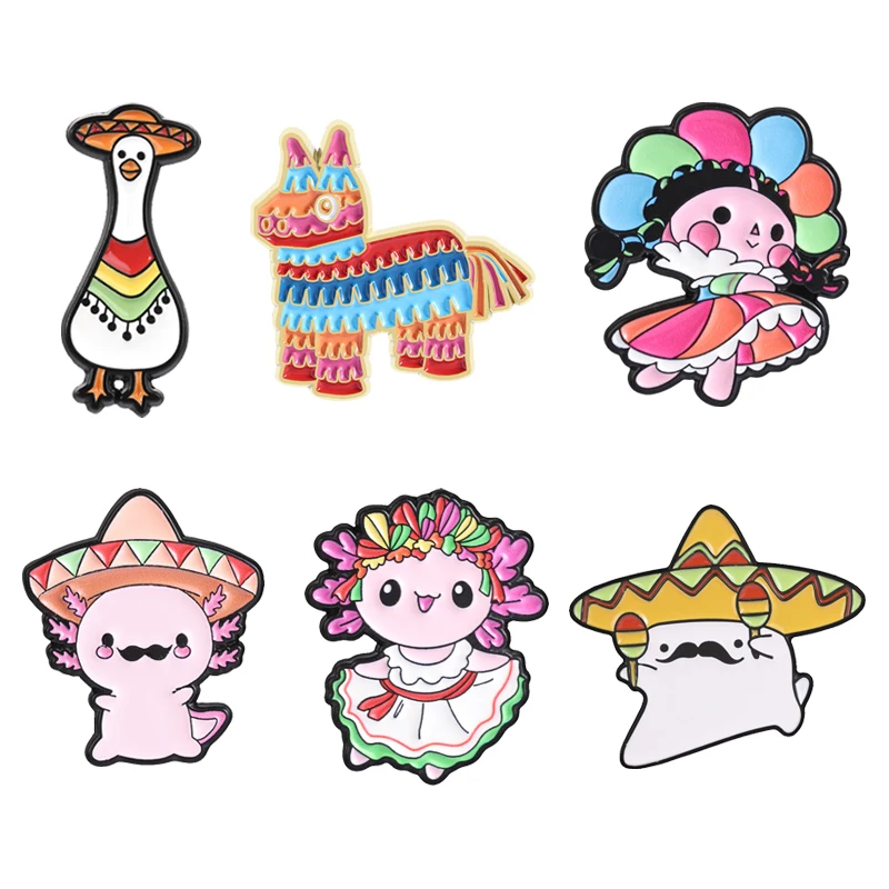 Mexican Sombrero Enamel Pins Cute Axolotl Fiesta Maraca Ghost Traditional Game Pinata Brooches Cinco de Mayo Badge Jewelry Gifts