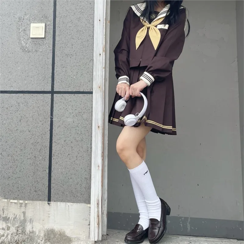 Roupas de Estudante Japonesa, Saia Plissada, Uniforme Jk, Três Linhas Marrom Marinheiro, Roupas de Graduação, Trajes Anime Cos, Mulheres