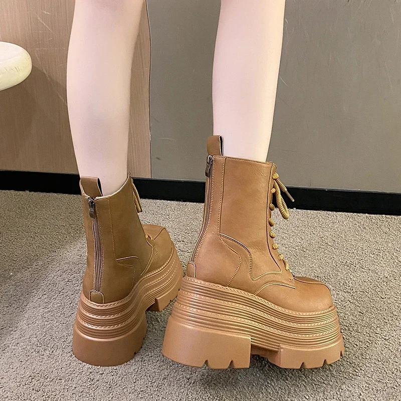 Women Boots Gothic Leather Women Boots Punk Platform Motorcycle Boots Luxury Brand Comfortable Shoes Mid-calf Short Combat Boot