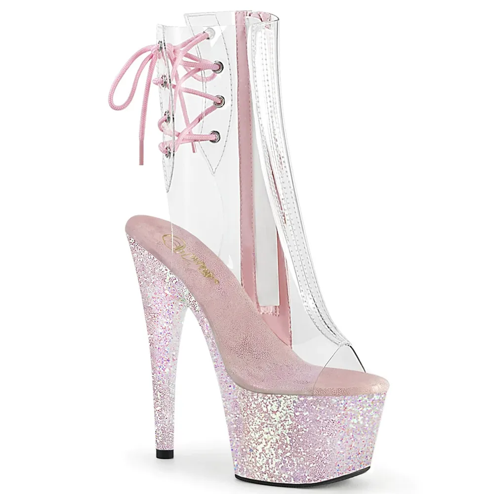 

20cm sexy pole dancing heels with sequin embellished soles and zipper opening sheer upper ankle boots