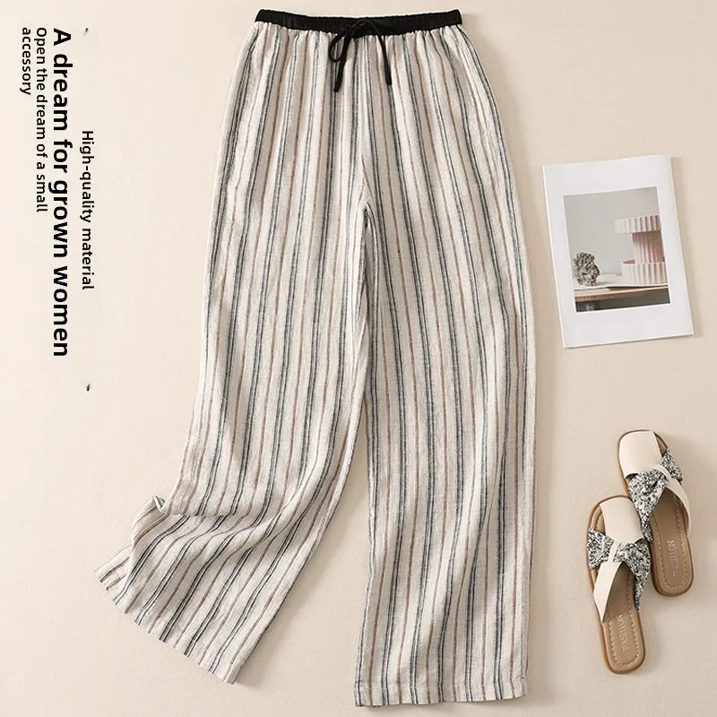 

High Waist Wide Leg Pants Women's Drawstring Elastic Waist Striped Casual Trousers Artistic Minimalist Style Breathable Cotton