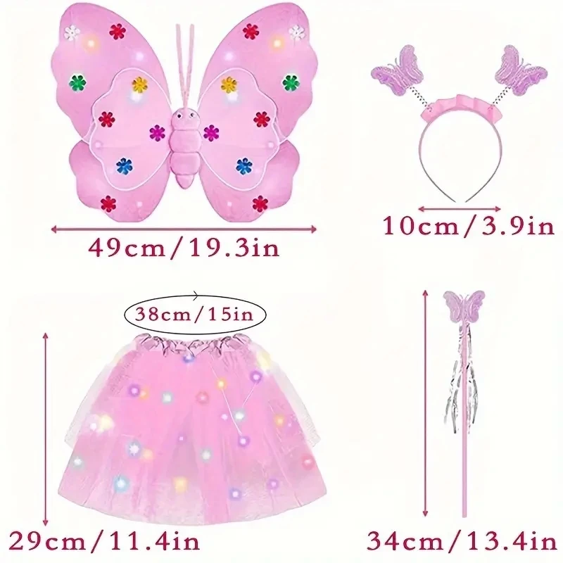 4Pcs LED Light Up Fairy Costume Set Butterfly Wings Tutu Skirt Wand Headband Girls Party Cosplay Stage Performance Photo Shoots