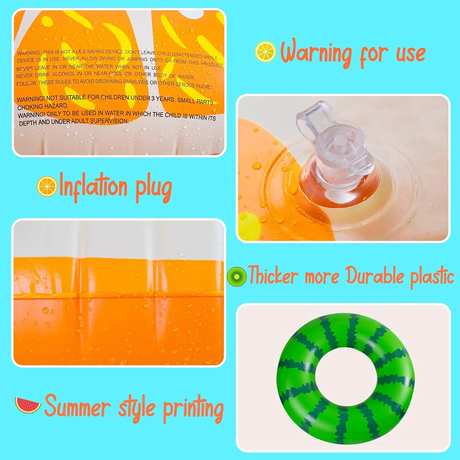 7 peças flutuadores de piscina de frutas: melancia kiwi laranja limão anéis de natação com bolas de praia de 13.5 "tubos infláveis brinquedos flutuadores para ki
