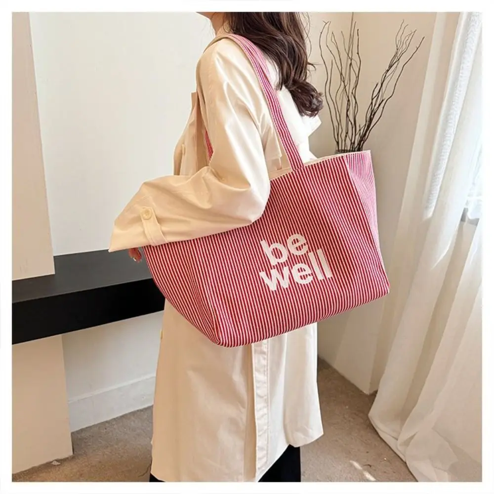 대형 스트라이프 여성용 숄더백 캔버스 소재 다용도 스타일 대용량 핸드백 한국 스타일 대용량