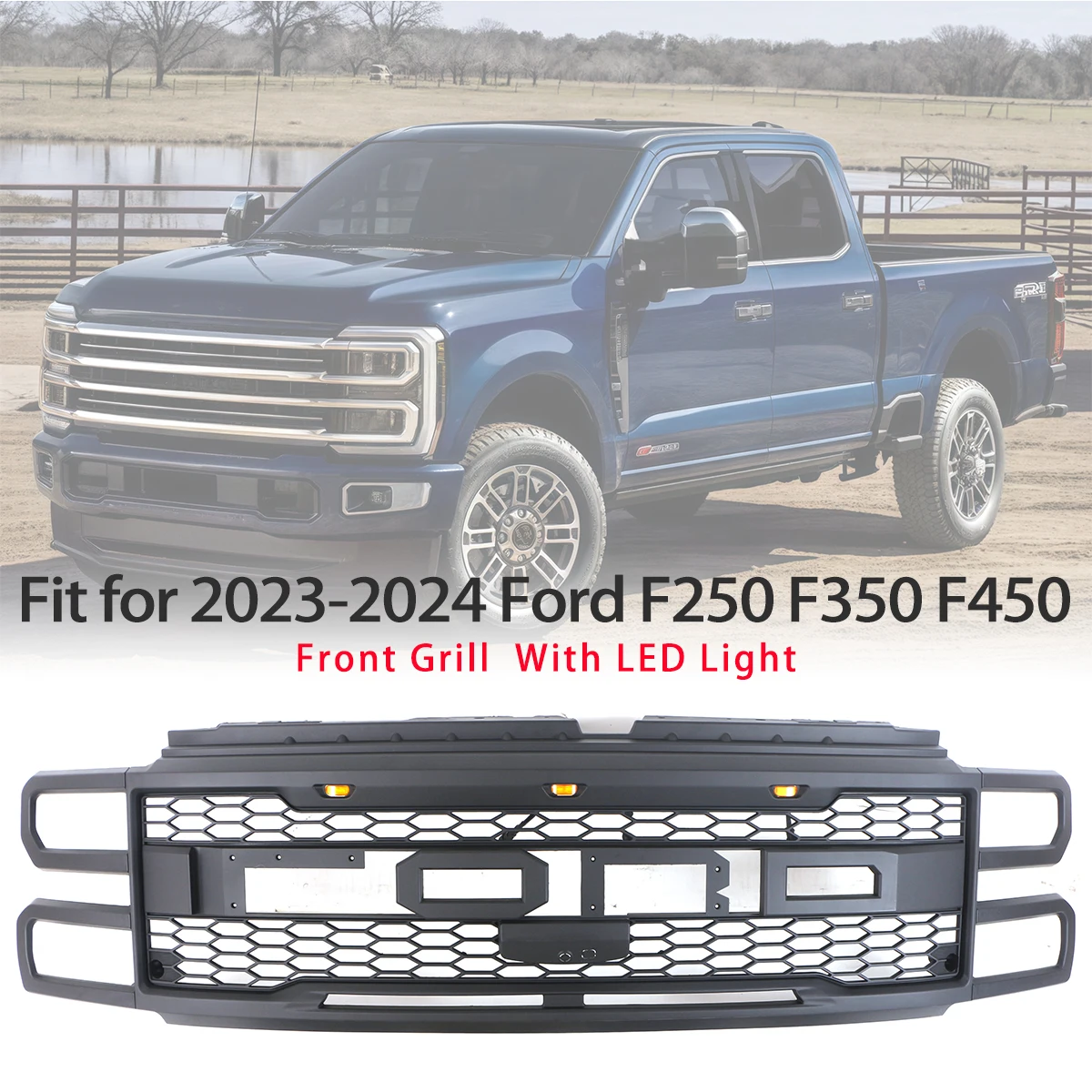 

Front Grille W/light Bar Fits For 2023-2024 Ford F250 F350 F450 Super Duty Tremor Off-Road Racing Grill