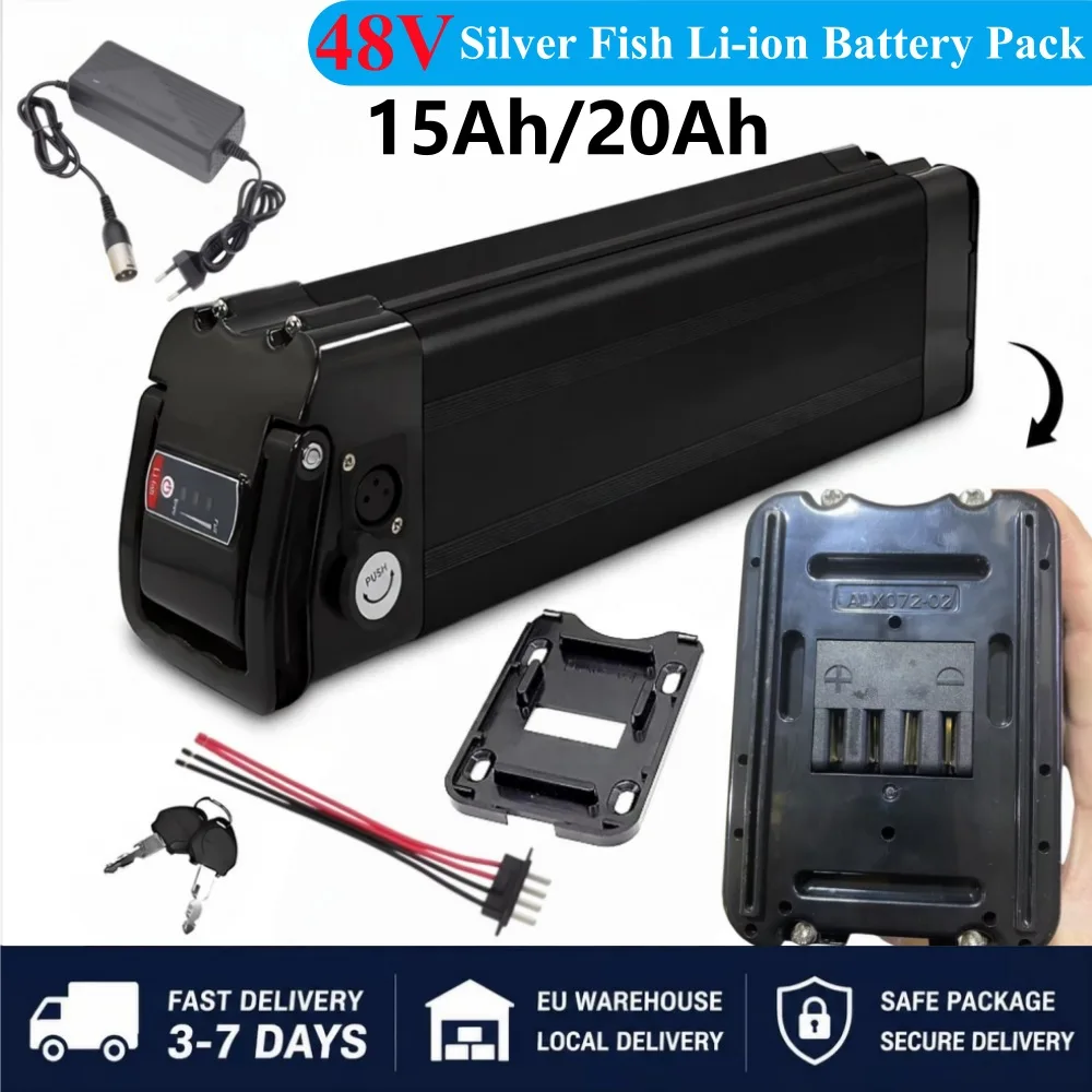 48V Silver Fish Lithium-Akku 15Ah 20Ah mit integriertem BMS für faltbares Citybike 250W-1000W Motor mit 2A Ladegerät Schneller Versand.