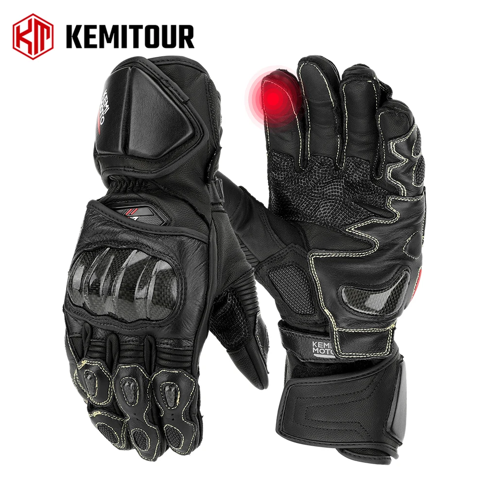 Guanti da moto da corsa in pelle KEMITOUR per moto con polsino lungo Guanti professionali per sport motoristici Nocche in fibra di carbonio per uomo donna