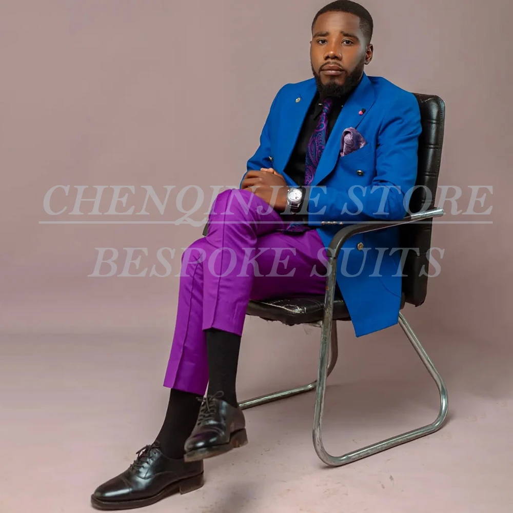 

Customzied Men's Suits Luxury Solid Color Double Breasted Peak Lapel Slim Fit 2 Piece Jacket Pants Full Sets Costume Homme