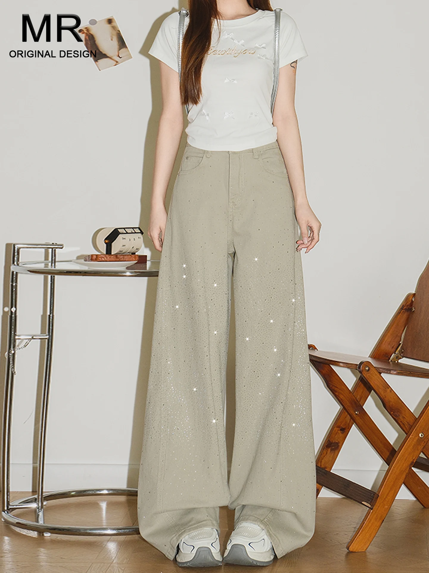 American Style High Waist Jeans Women's Summer Loose Slim Wide Leg Pants Silver Sequin Knife  Casual Cotton Denim Skinnies