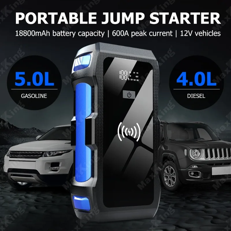 New Style Wireless Portable Waterproof Car Jumper 12V 600A Portable Battery Car Power Bank Jump Starter LCD display