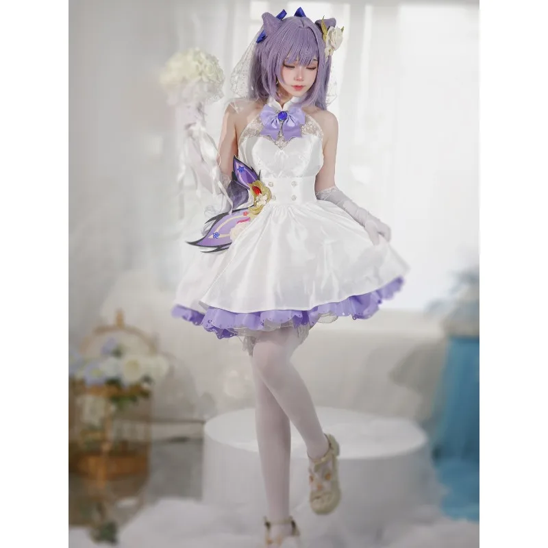 Keqing Bridal Lolita for Women Genshin Impact Cosplay Costume Cute White Dress Gloves Socks Wig Suit Comic-Con Roleplay Set view 4