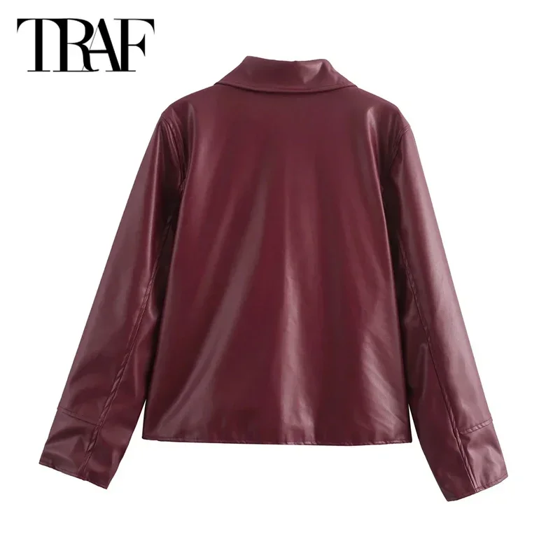 TRAF Women Fashoin Faux Leather Jacket 2024 Women Autumn Winter Long Sleeve Burgundy Jacket New in Outerwears Streetwear Coats