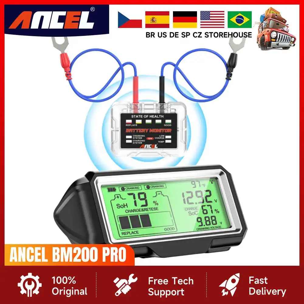 ANCEL BM200 PRO 12V LED Car Battery Tester Monitor Head-Up Display Waterproof SOH SOC Charging Automotive Battery Analyzer Tools