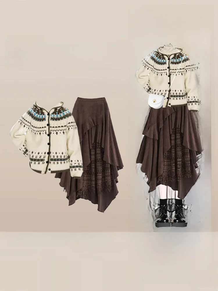 

Retro Fair Isle Knitted Hat Sweater Women Loose Lazy Knitting Autumn Asymmetrical Skirt Set Casual Sle Long Sve