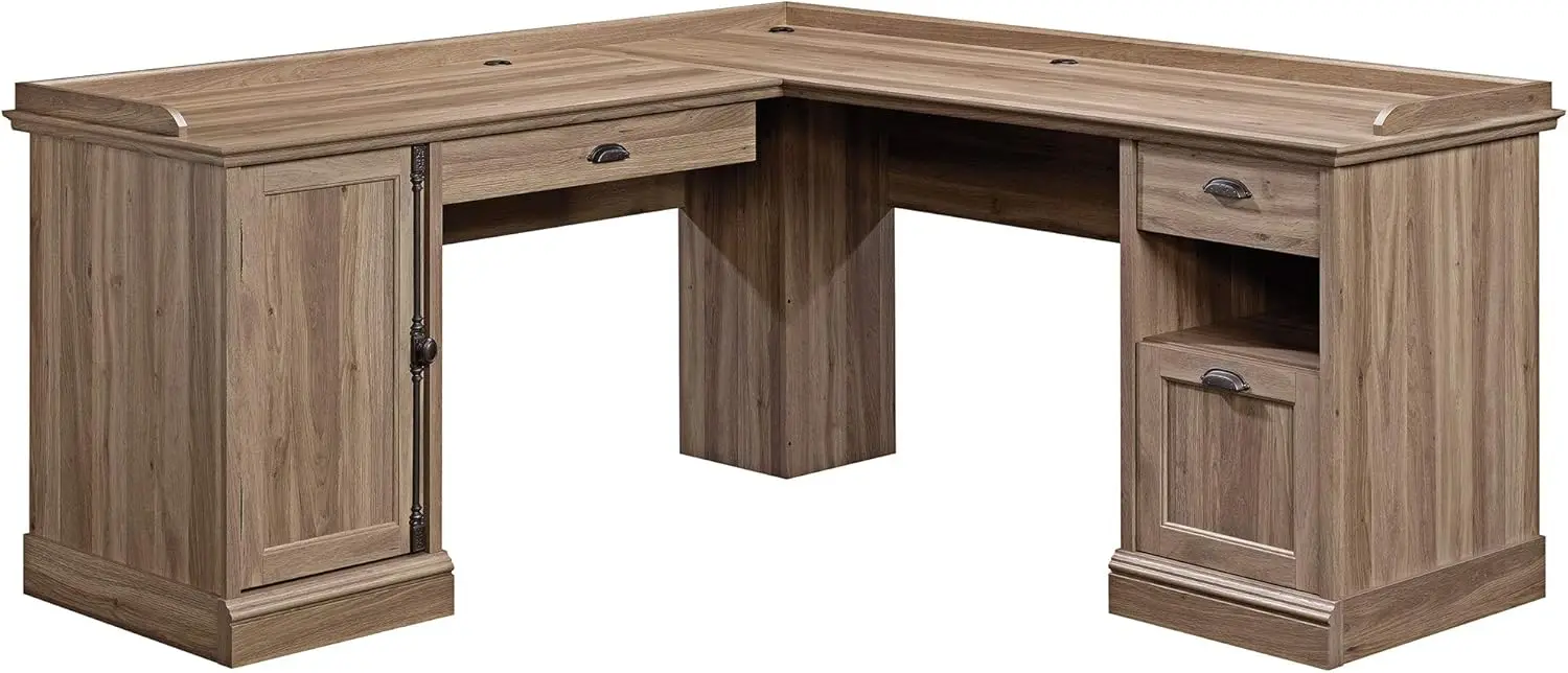 L Desk Salt Oak Finish Two Drawers Feature Metal Runners and Safety Stops Desk Top Has Grommet Holes