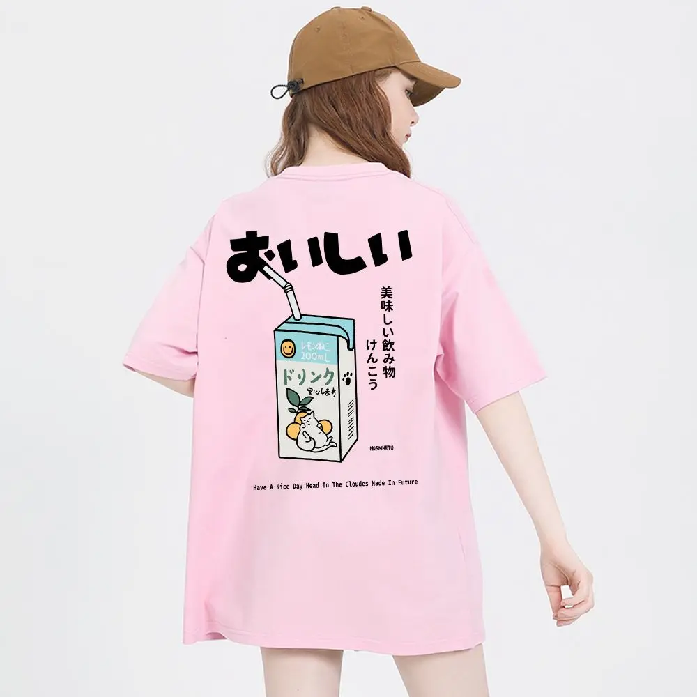 Casual Cotton Womens T-Shirts Japanese Harajuku Cute Drink Printed Tees O-Neck Soft Loose Short Sleeve Breathable Female Clothes