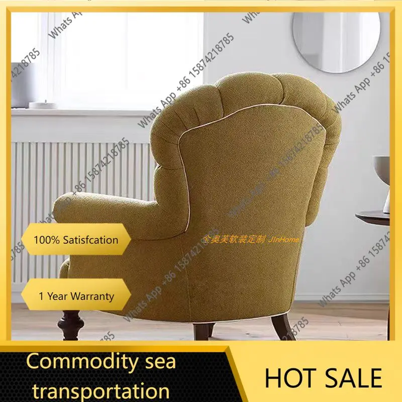 65 N American retro cotton and linen burgundy solid wood foot single chair French velvet high backrest bedroom study yellow sofa