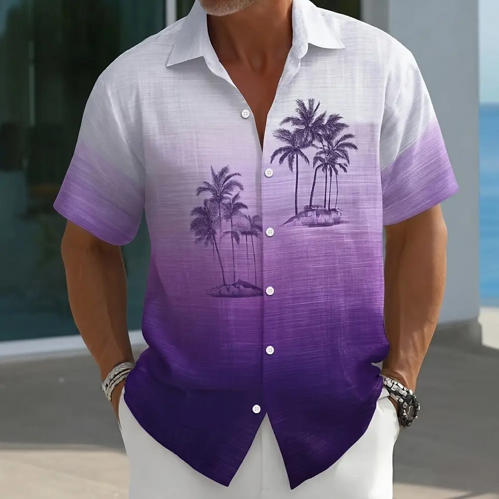 Men's Coconut Tree Gradient Tropical Plants 3D Print Hawaiian Shirt Turndown Collar Short Sleeve Button Up Shirt For Summer