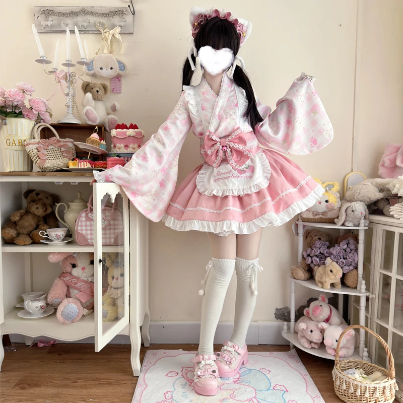 Japanese Sweet Lolita Bow Apron Maid Kimono Dress Women Girl Kawaii Strawberry Cat Print Animation Show Dresses Cosplay Costumes