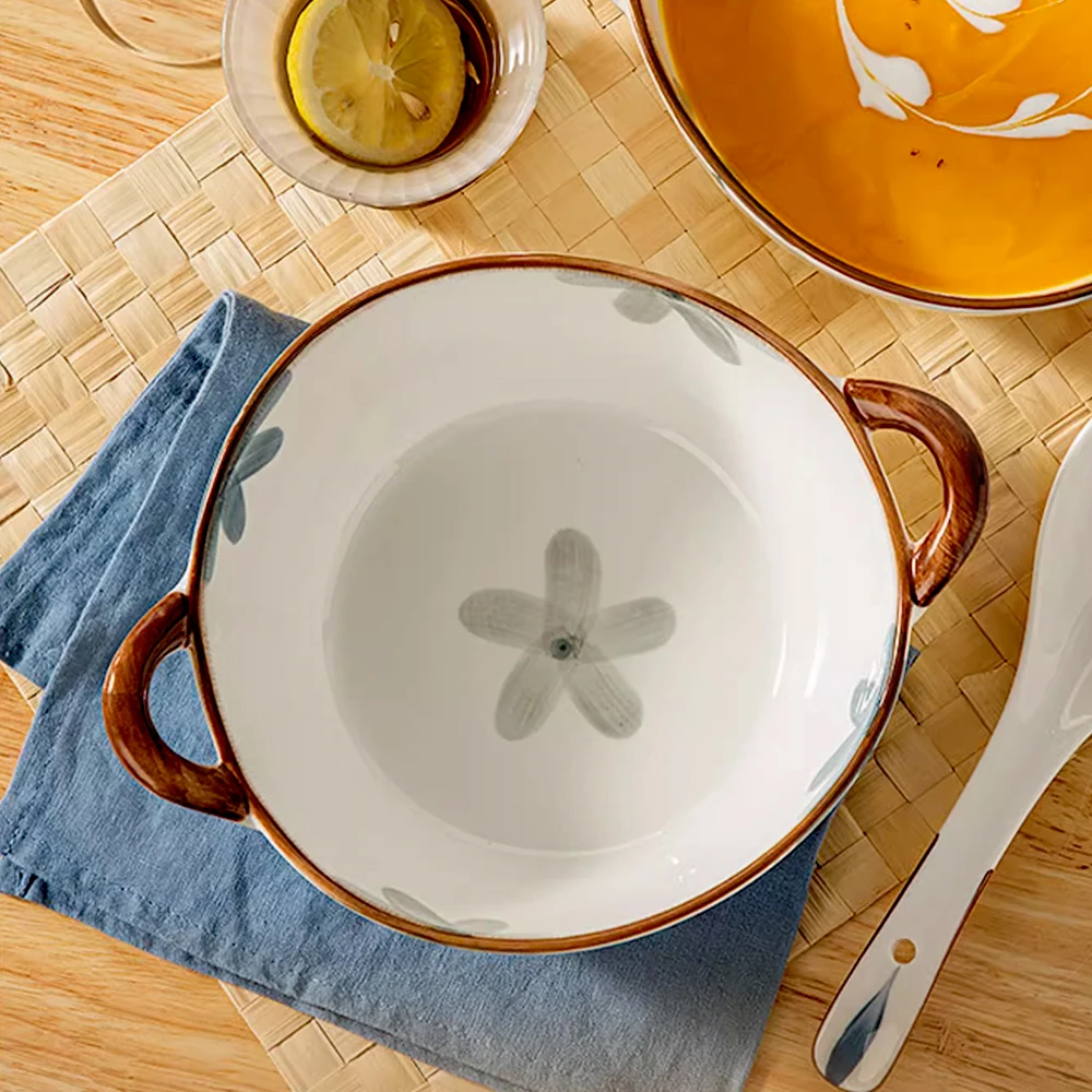 Household Noodle Bowl 1500ml Ceramic Soup Bowl With Handle Salad Pasta Fruit Bowl Kitchen Tableware Microwave Oven Bakware