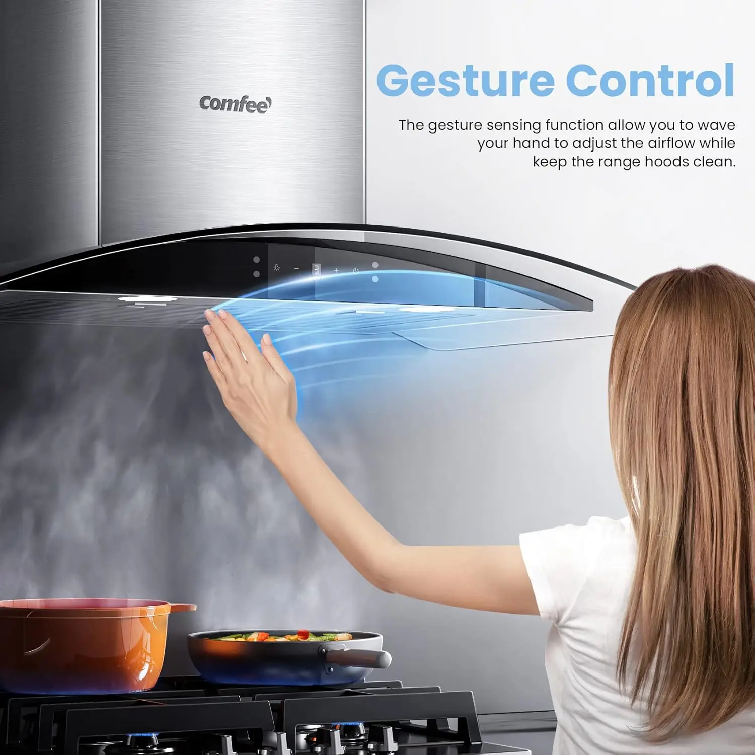 Curved Glass Range Hood 30 Inch 450  3 Speed Gesture Sensing &Touch Control Panel Stainless Steel kitchen Ductless/