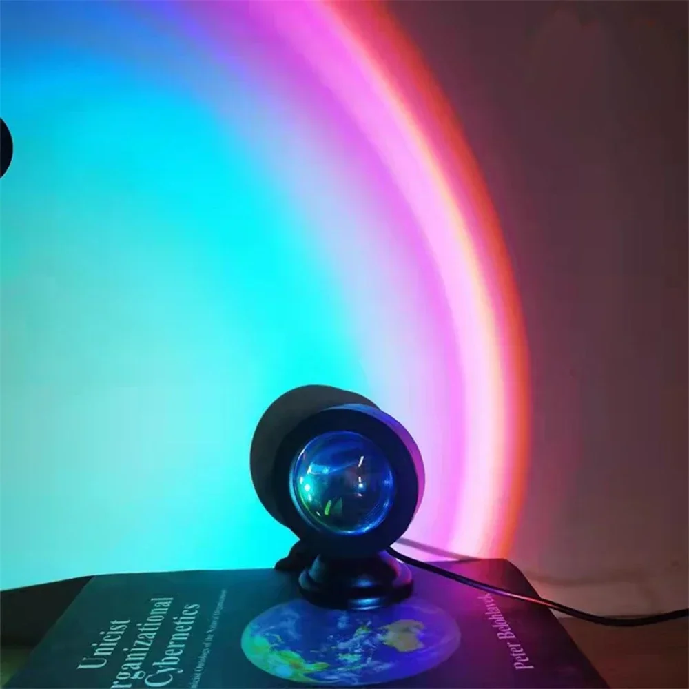 Mini USB Sunset Lamp, Projetor LED, Luz Noturna, 16 Cores, Interruptor, Arco-íris, Atmosfera, Casa, Quarto, Fundo, Decoração de Parede, Presente
