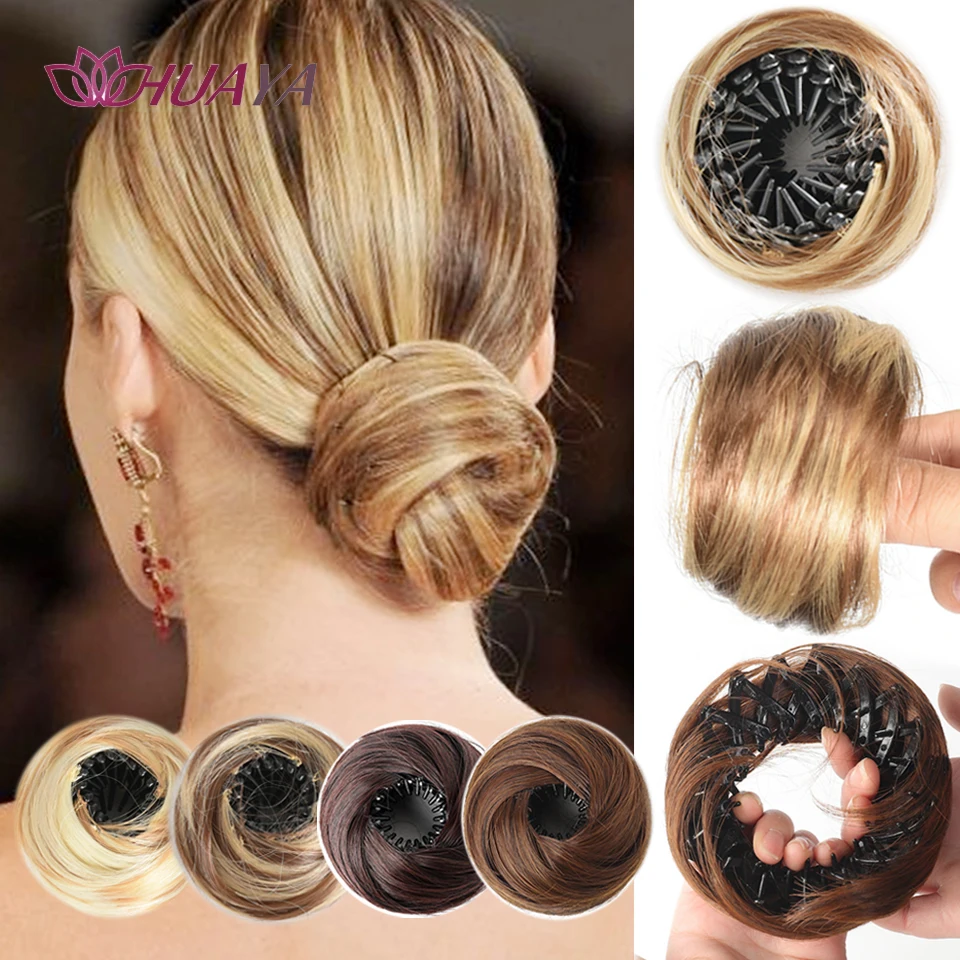 Synthetic Hair Bun With Circle Elastic Clips Straight Donut Updo Hair Wig Bird's Nest Shaped Retractable Hairpieces