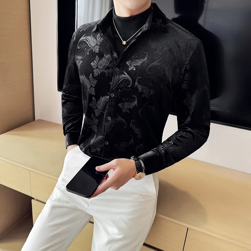 Autumn Winter Golden Velvet Fake Two Slim Fit Long Sleeved Shirt Men Warm and Casual Business Shirt Social Party Tuxedo Blouse