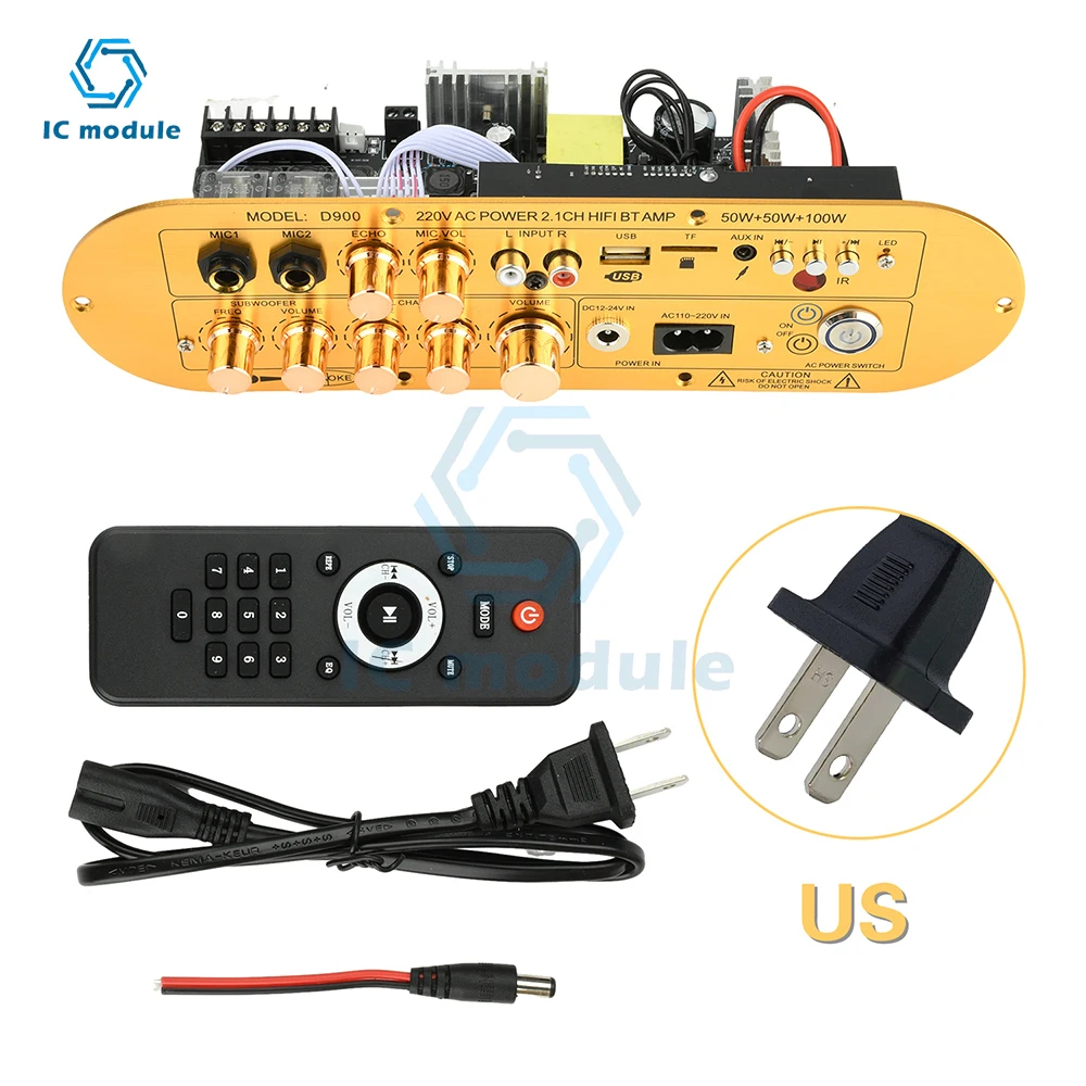

D900 2.1 Channel Bluetooth Amplifier Board DC 12-24V / AC 110-220V 50W+50W+100W High Power Subwoofer Digital Amp Board for Home
