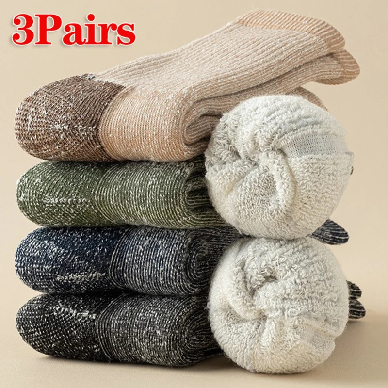 

3 Pairs Plush Merino Wool Mid-Calf Socks Men's Winter Comfort Breathable Thicken Thermal Outdoor Work Crew Sock High Quality