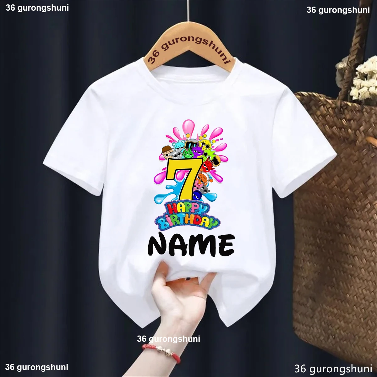 Buntes 7th Happy Birthday Game Sprunki bedrucktes T-Shirt für Mädchen/Jungen, individueller Name, Geburtstagsfeier, Kinderkleidung, Sommer-T-Shirt