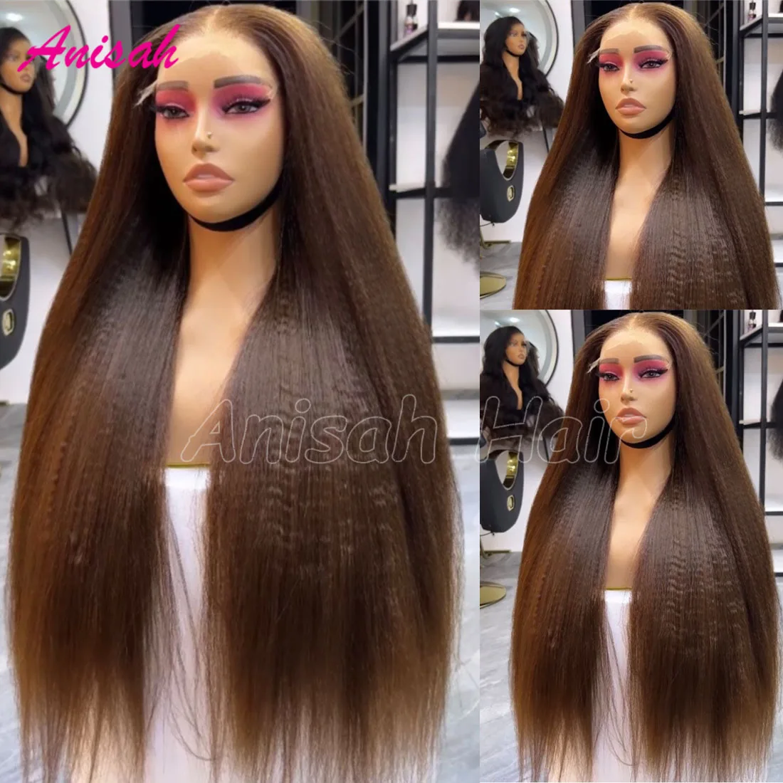 

Kinky Straight 13x4 Lace Frontal Wigs For Women Brazilian Hair Glueless Lace Closure Wigs Yaki Brwon Colored Human Hair Wigs