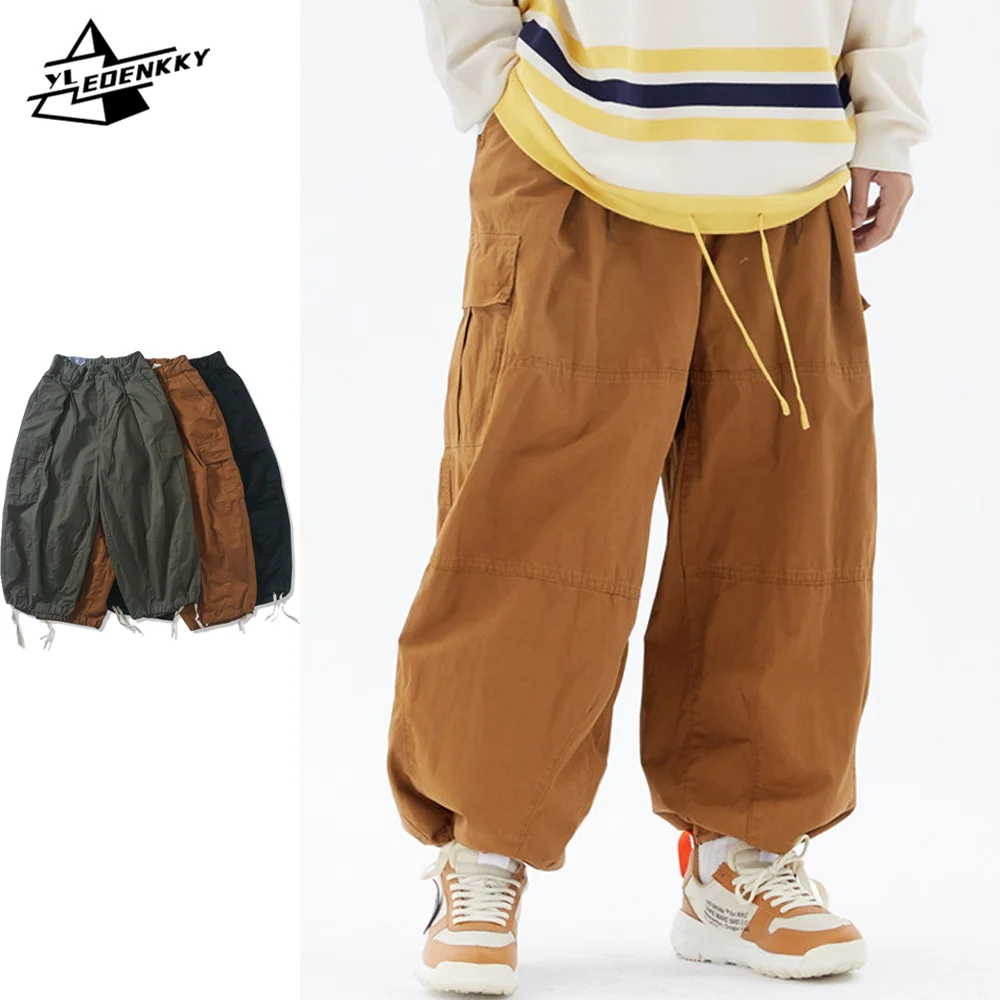 Retro Cargo Pants Men Women Japanese High Street Baggy Harem Trousers Hip Hop Solid Color Drawstring Streetwear Oversize Unisex