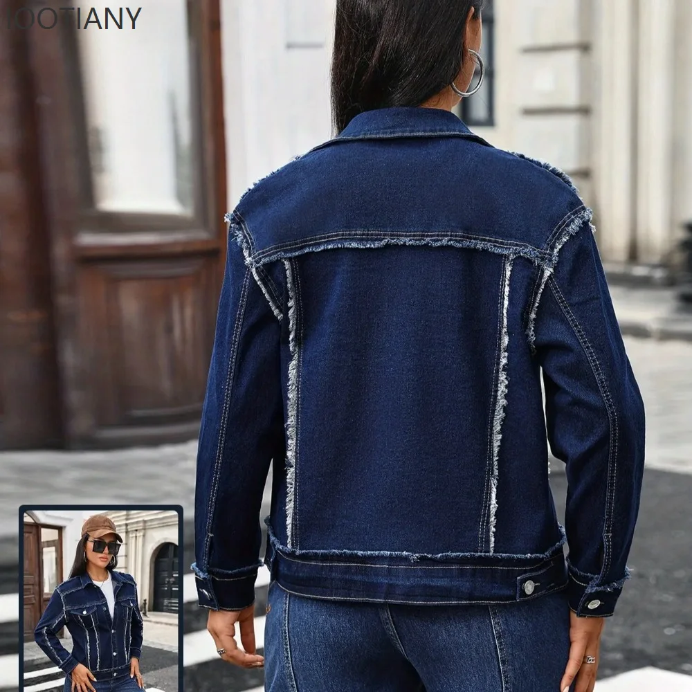 Denim Jackets Women Short Coat Vintage Distressed Washed Ragged Edge Overcoat Pockets Single Breasted Outerwear Streetwear 2026
