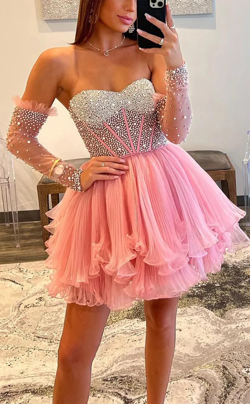 

Beading Strapless Homecoming Dress Women Cocktail Dress Long Sleeves A Line Tiered Prom Gowns Lace Up Back Formal Occasion Gown