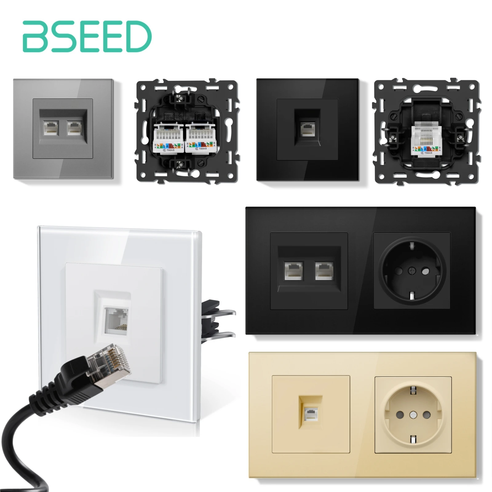 BSEED Dual Internet Sockets Single CAT6 Wall Socket EU Power Sockets Plus Network Data Computer Connecter Outlets Glass Panel
