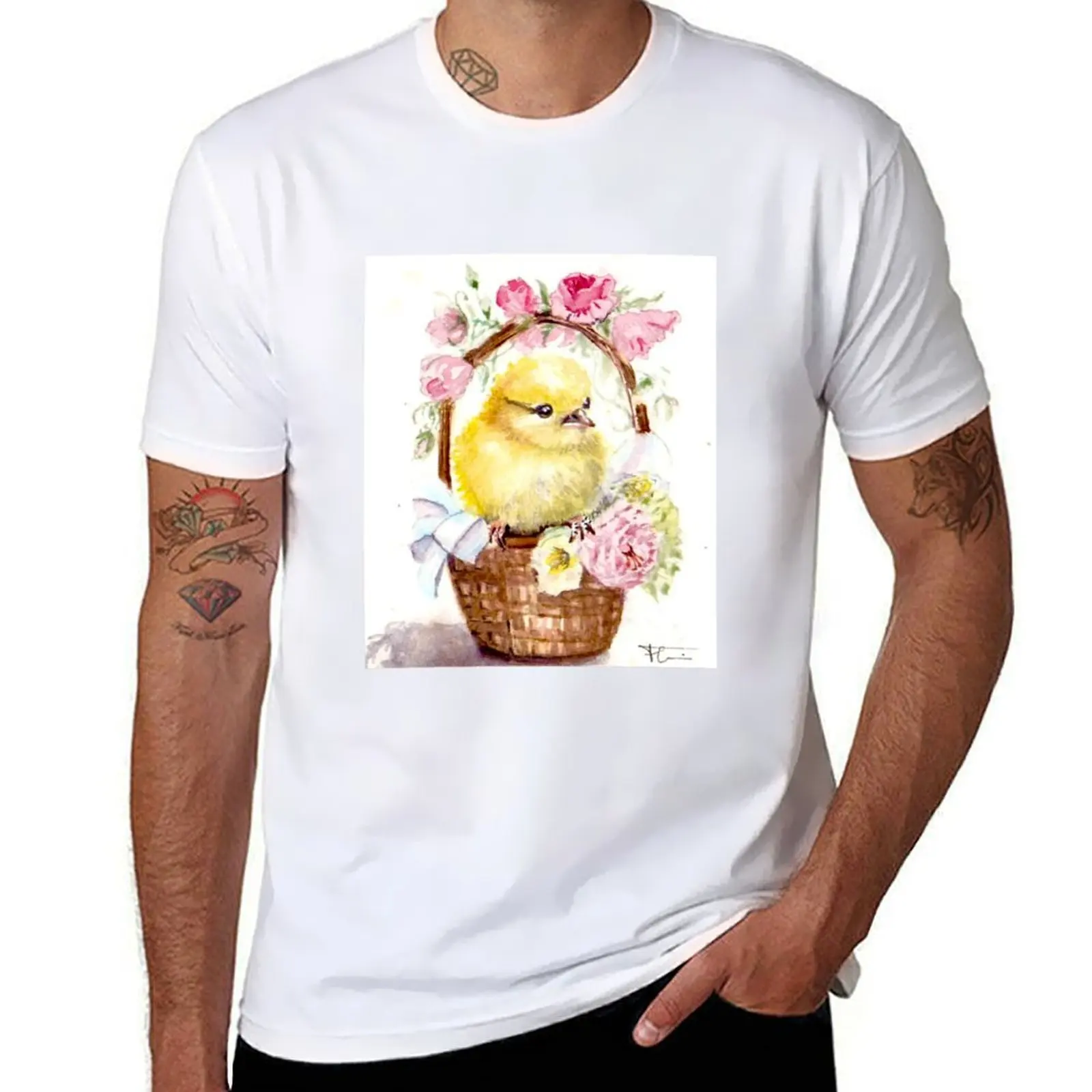 

Watercolor, spring chick in basket and roses T-Shirt t shirts for man graphic tees cotton t shirt man T-Shirt