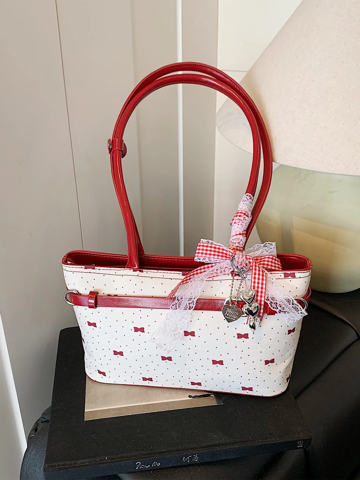 

Bow Fashion Tote Bag for Women Summer New Korean Lace Sweet Rectangle One Shoulder Bags Lace-up High End Commute Underarm Bag
