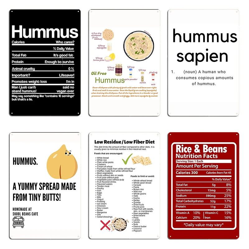 Hummus Información nutricional Baja residuos Dieta de baja fibra Infografía Hummus Sapien Tipo negro Mural de metal Decoración Cartel de estaño Póster