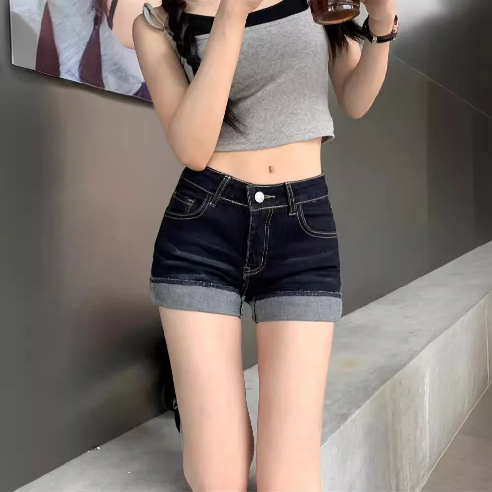 High Waist Denim Shorts Straight Leg Jeans Women Summer Casual Rolled Hem Jorts