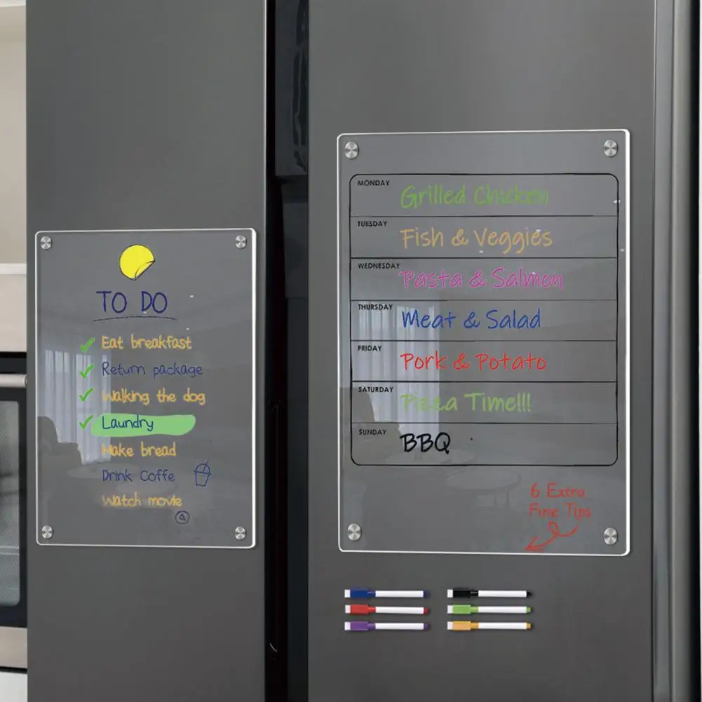 Tablero de mensajes magnético de acrílico, conjunto de calendario semanal con rotuladores coloridos, tablero de notas para nevera