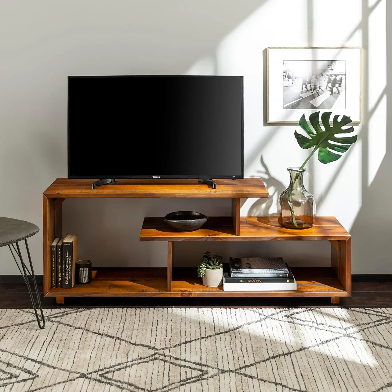 Meier Contemporary 2 Tier Asymmetrical Solid Wood TV Stand for TVs up to 50 Inches, 60 Inch, Amber