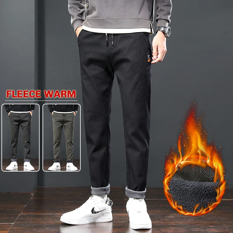 

Winter Warm Fleece Casual Pants Soft Fabric Skinny Fit Daily Wear Sweatpants Pockets Elastic Waist Comfort Trousers For Cold Day