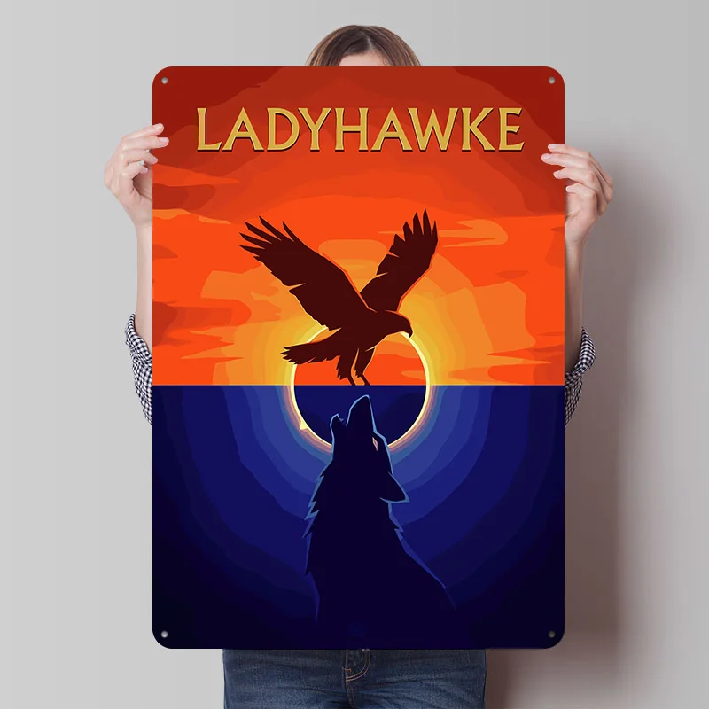 Ladyhawke: Hawk and Wolf Silhouette Art Tinplate Poster Custom Wall Art Vintage Metal Signs Retro Tin Plaque for Office Decor