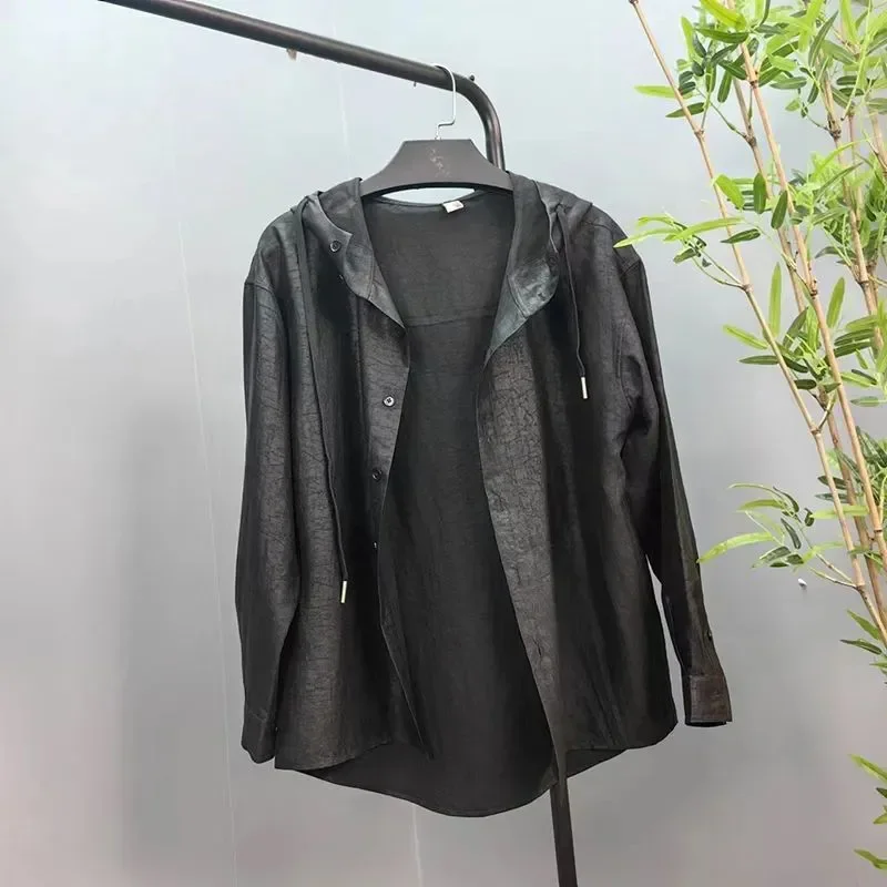 Spring Summer Men's  Style Retro Hooded Sun Protection Shirt Lightweight Long Sleeve Casual Outerwear Solid Black  Jacket