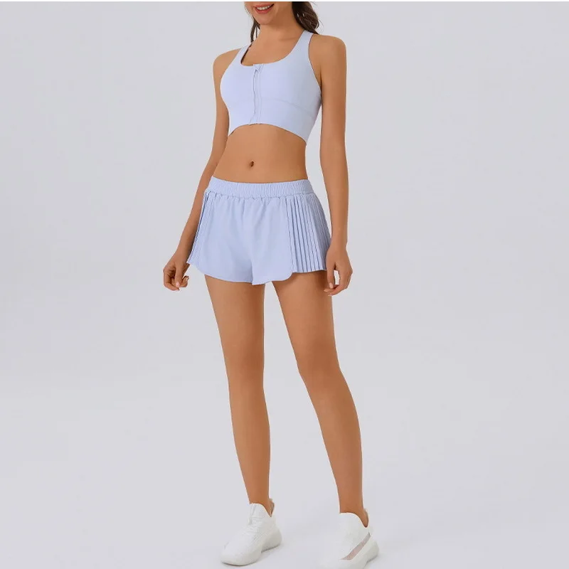 SEEKSUC بدلة يوجا ضيقة بسحاب متقاطع حمالة صدر جميلة لحماية الخصوصية شورت عاري ملمس للتنس والجري واللياقة البدنية مجموعة رياضية