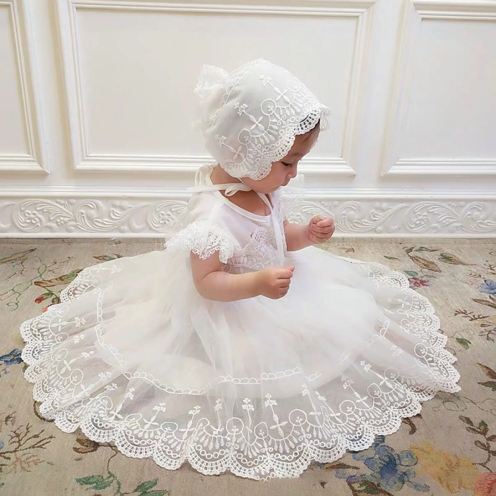 Baby Baptism Dress Newborn Wedding 1st Birthday Party Baby Girl Dress Lace Princess White Infant Baby Christening Gowns With Hat