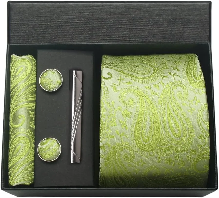 100 % Seidenkrawatte, Paisley-Blumenmuster, Herrenkrawatte, hochwertige Business-Krawatte, Einstecktuch, Krawattenklammer, Manschettenknöpfe-Set, klassisch, für Männer, Geschenkbox