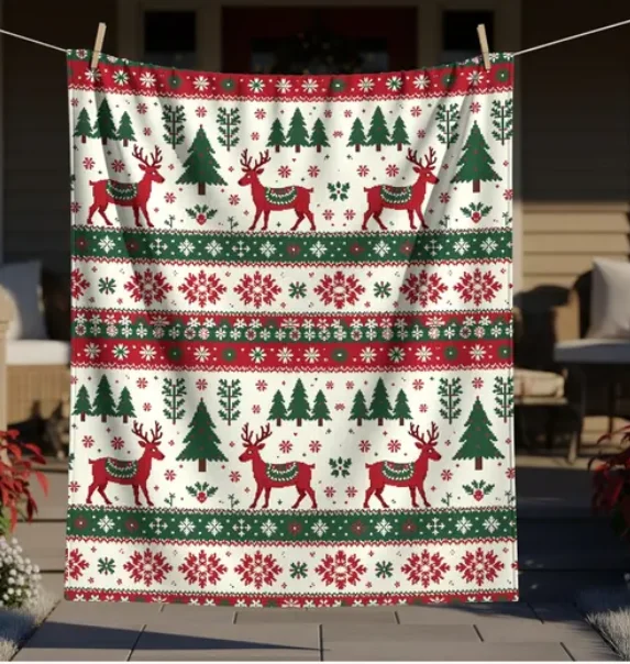 Scandinavian Christmas Fleece Blanket, Norwegian Christmas Blanket, Holiday Blanket, Family Holiday Folk Art Blanket Scandi Xmas