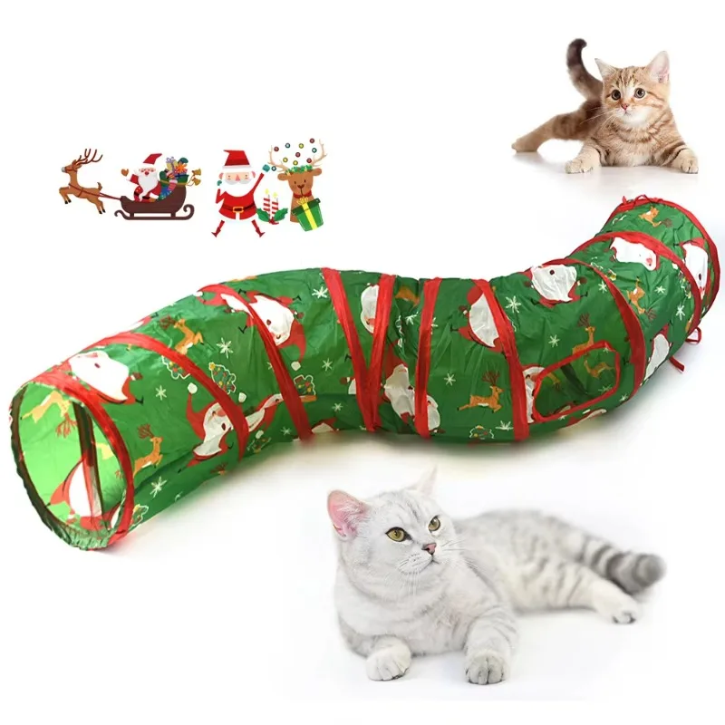 

10pcs Christmas Cat Tunnel Foldable S-Shape Peekaboo Tube Toy for Indoor Cats Sustainable Holiday Play Tent with Play Ball